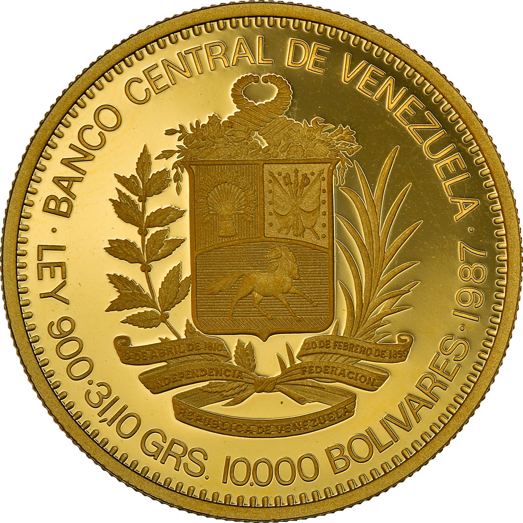 Moneda, Venezuela, 10000 Bolivares, 1987, Caracas, FDC, Oro, KM:61