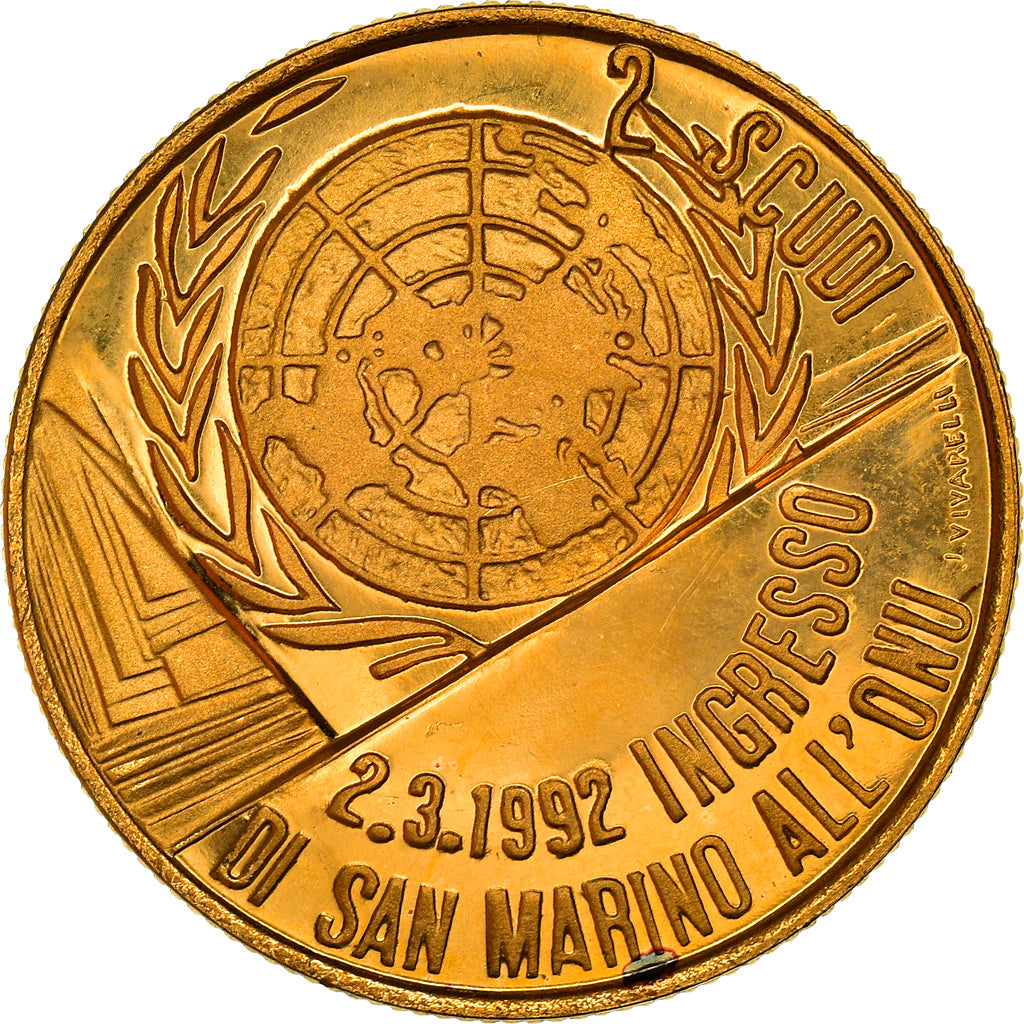 Coin, San Marino, 2 Scudi, 1992, MS(63), Gold, KM:289
