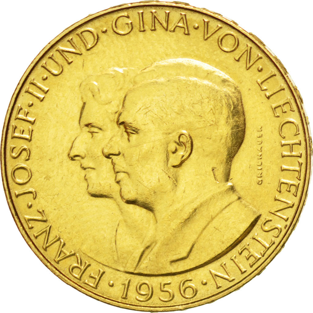 LIECHTENSTEIN, 25 Franken, 1956, KM #15, AU(55-58), Gold, 22, 5.64
