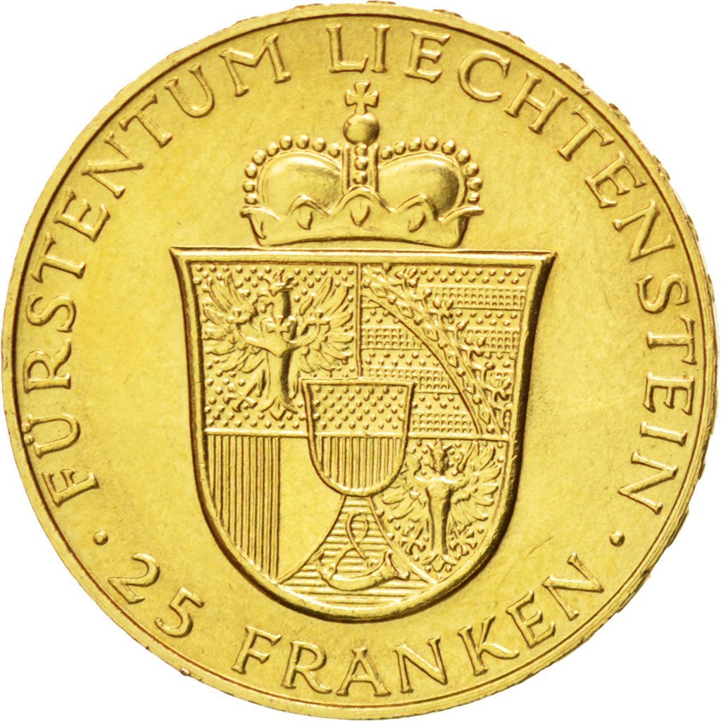 LIECHTENSTEIN, 25 Franken, 1956, KM #15, AU(55-58), Gold, 22, 5.64