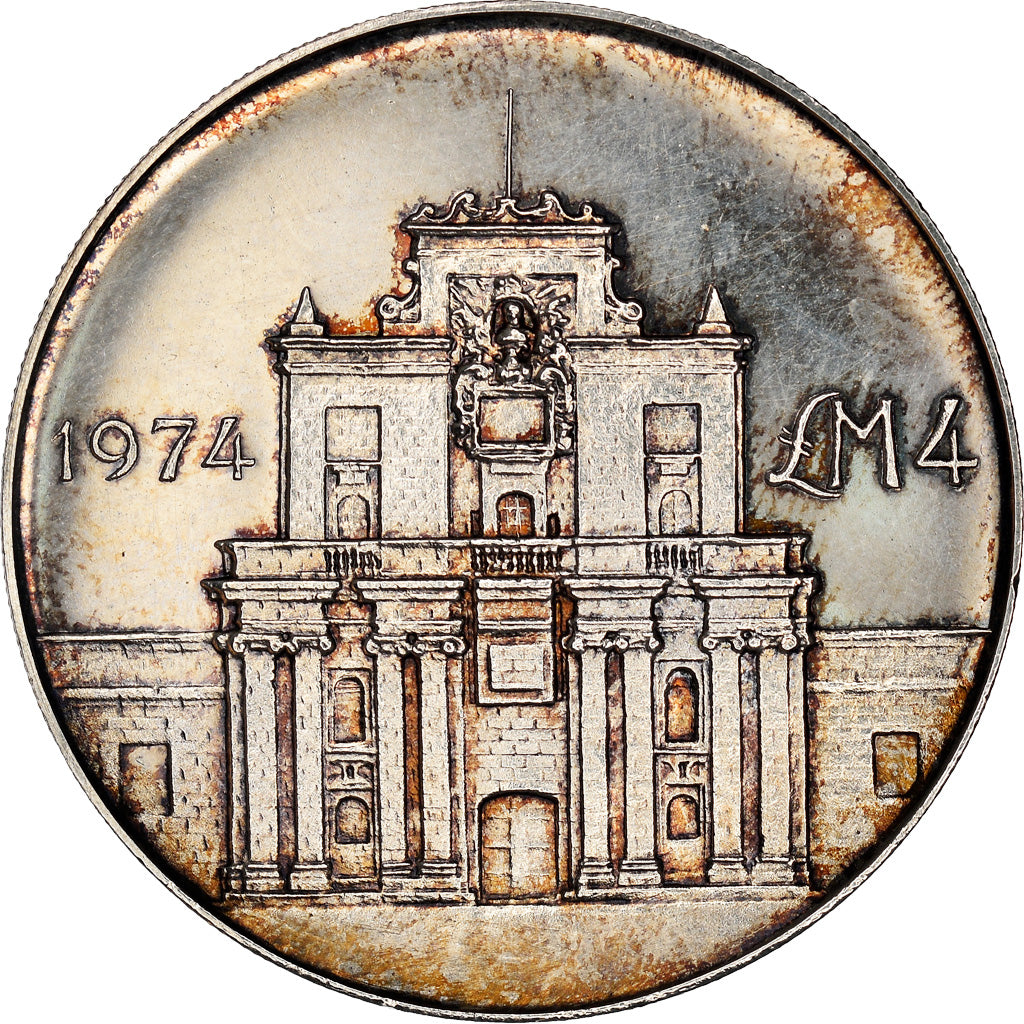 Coin, Malta, 4 Pounds, 1974, MS(63), Silver, KM:25