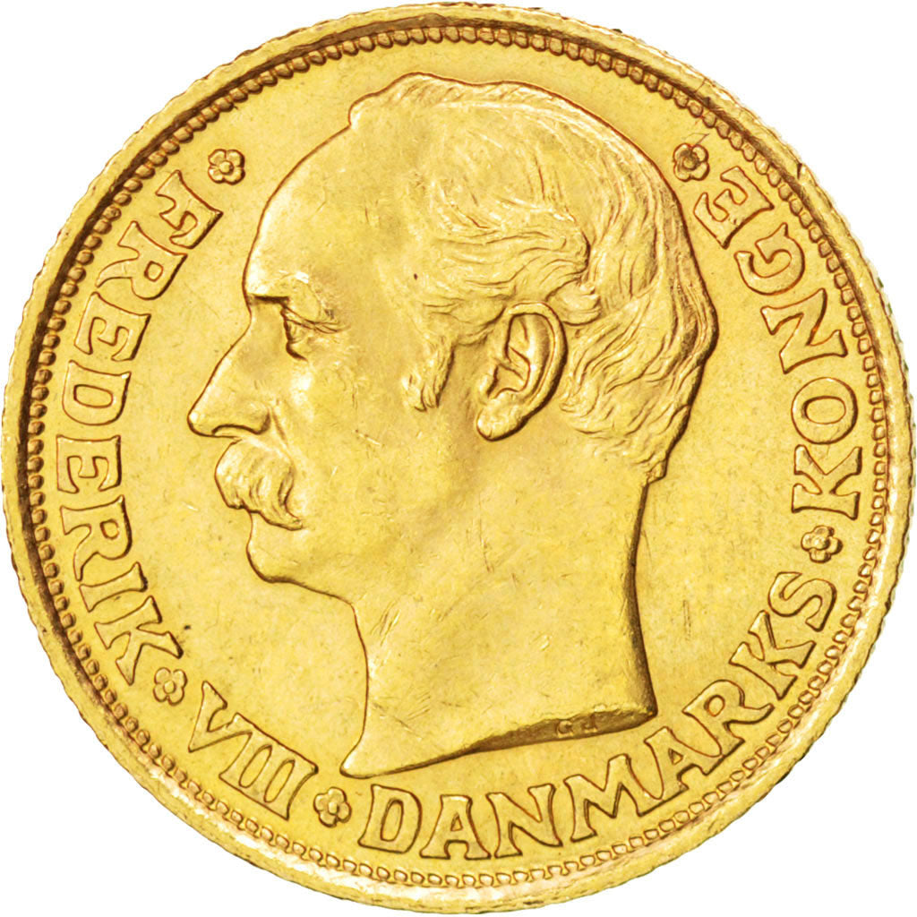 DENMARK, 10 Kroner, 1908, Copenhagen, KM #809, AU(55-58), Gold, 4.48