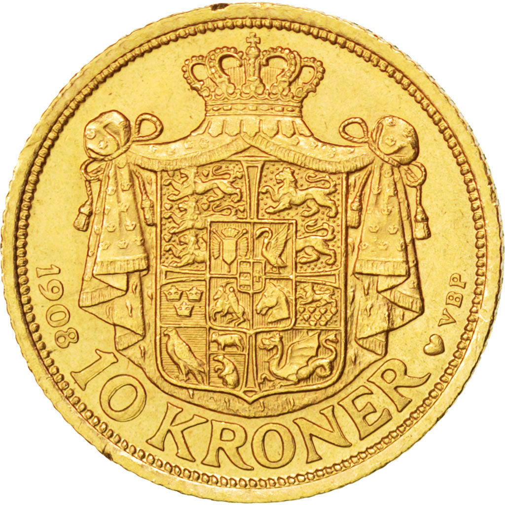 DENMARK, 10 Kroner, 1908, Copenhagen, KM #809, AU(55-58), Gold, 4.48