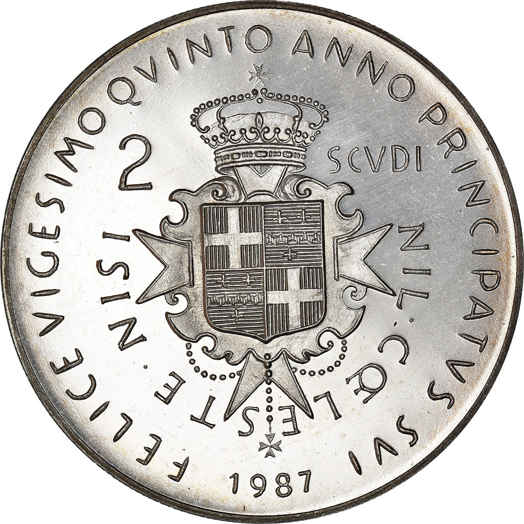 Coin, MALTA, ORDER OF, Angelo de Mojana di Cologna, 2 Scudi, 1987, MS(64)