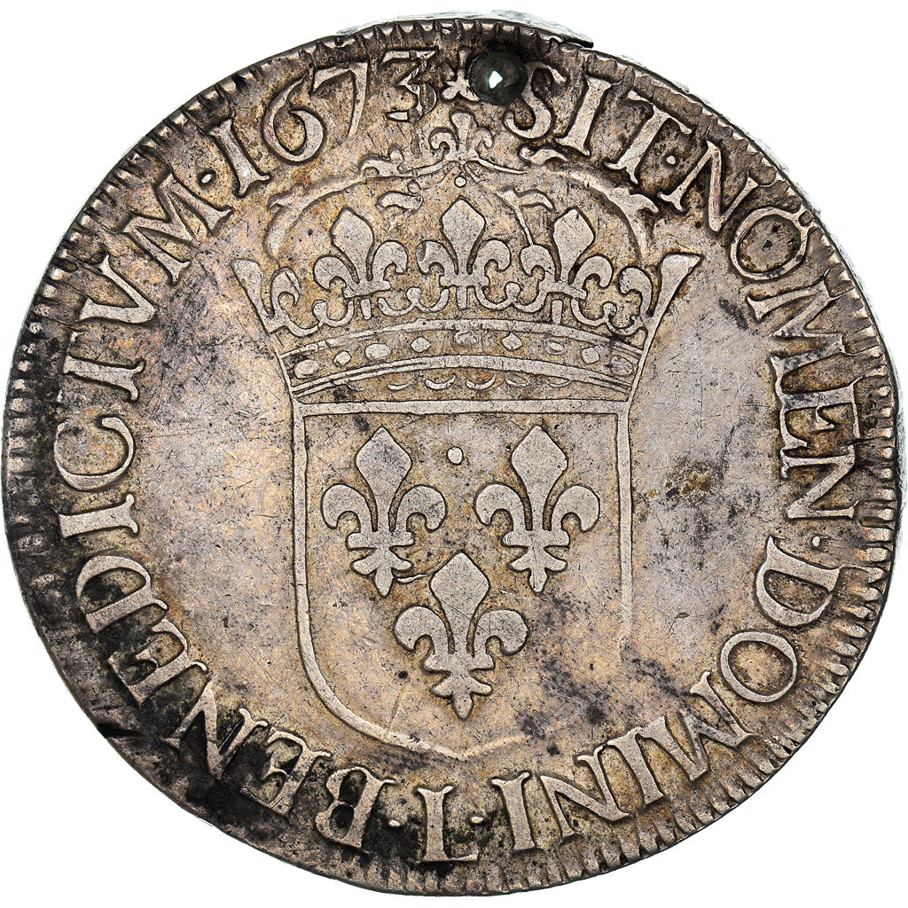 Moneda, Francia, Louis XIV, Écu à la cravate, Ecu, 1673, Bayonne, Holed, BC+