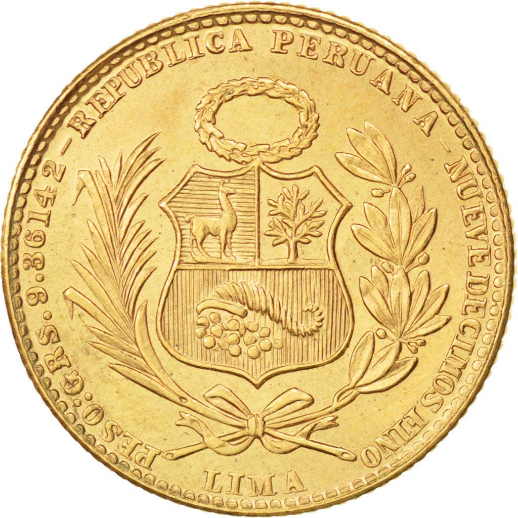 PERU, 20 Soles, 1965, Lima, KM #229, MS(63), Gold, 22, 9.35