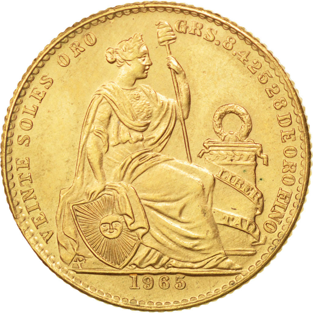 PERU, 20 Soles, 1965, Lima, KM #229, MS(63), Gold, 22, 9.35