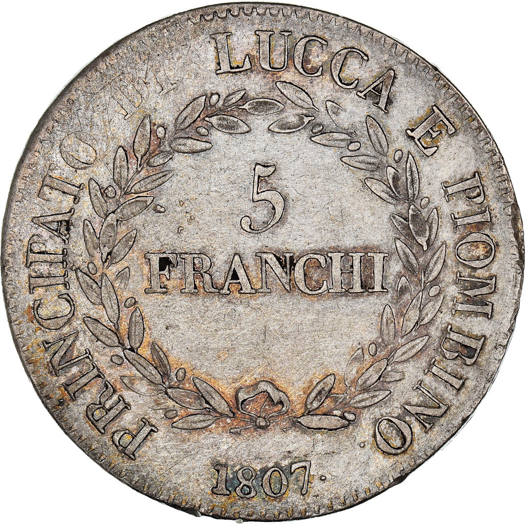 Moneta, DEPARTAMENTY WŁOSKIE, LUCCA, Felix and Elisa, 5 Franchi, 1807, Firenze