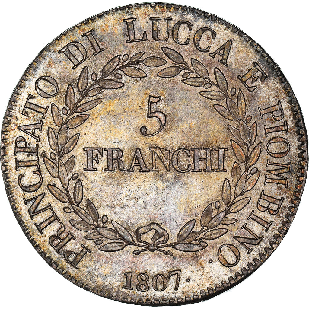 Coin, ITALIAN STATES, LUCCA, Felix and Elisa, 5 Franchi, 1807, Firenze