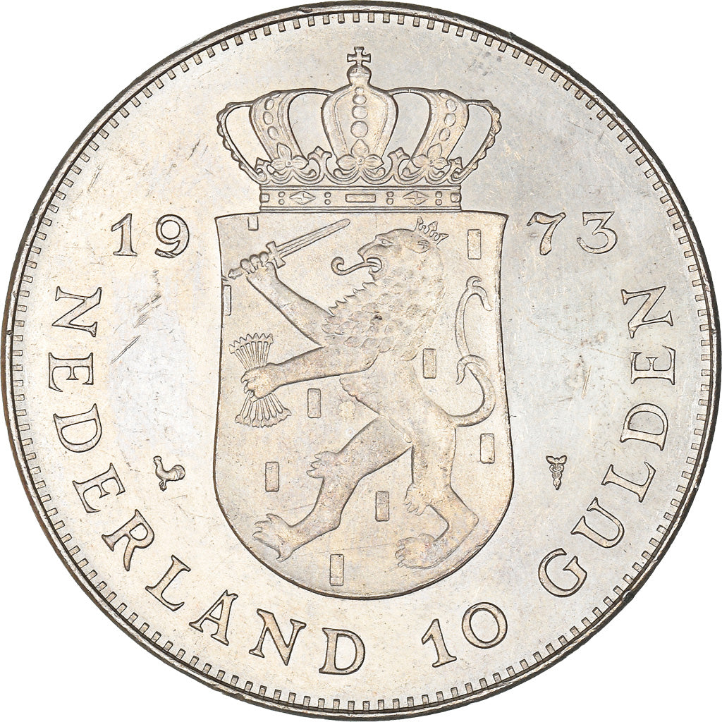 Moneta, Holandia, Juliana, 10 Gulden, 1973, MS(60-62), Srebro, KM:196