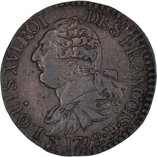 Moneta, Francja, Louis XVI, 3 Deniers, 1792, Lyon, AU(50-53), Bronze, Gadoury:5