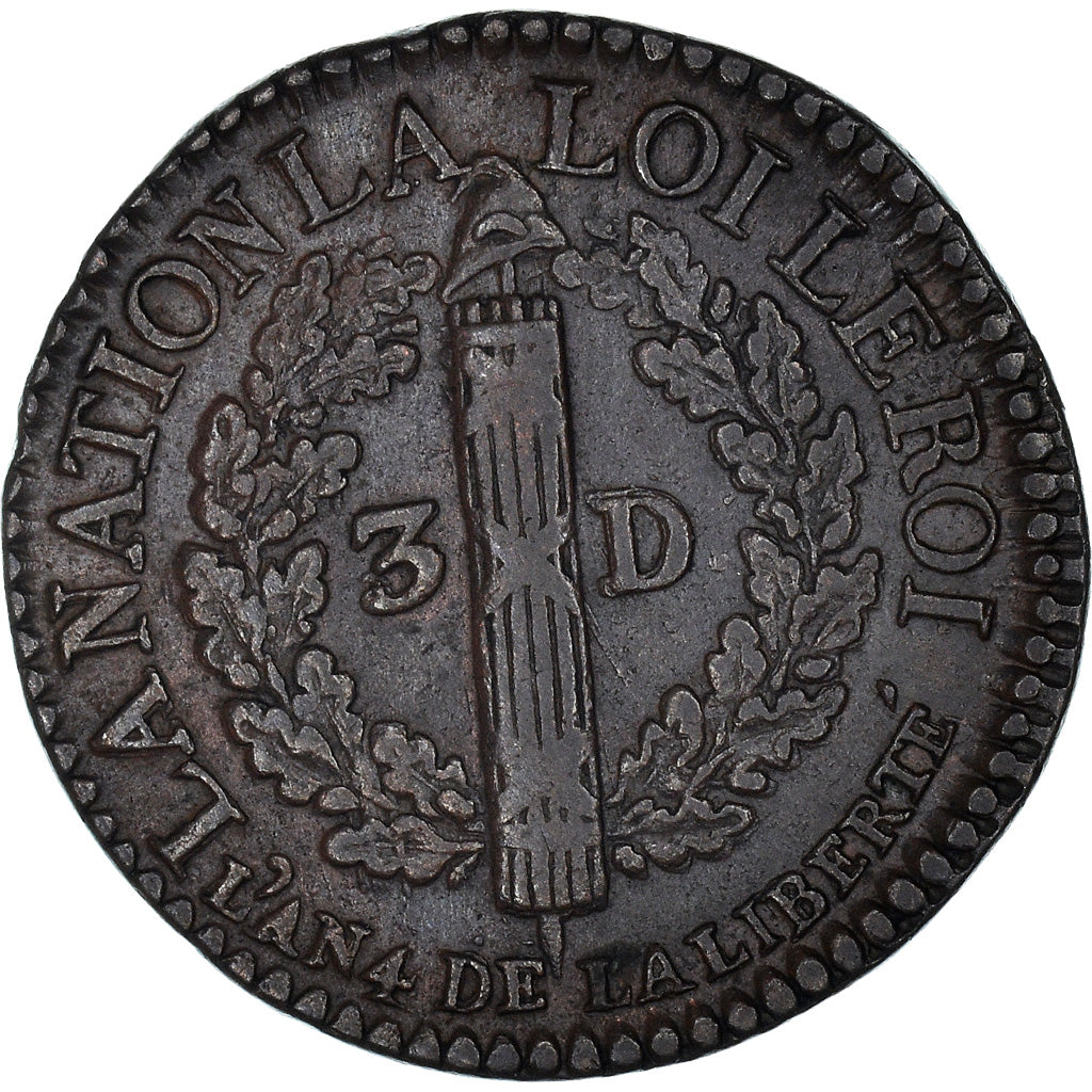 Moneta, Francja, Louis XVI, 3 Deniers, 1792, Lyon, AU(50-53), Bronze, Gadoury:5