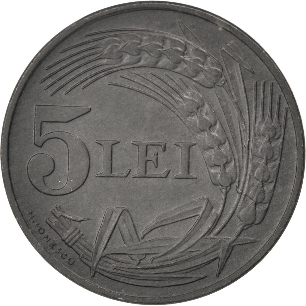 ROMANIA, 5 Lei, 1942, KM #61, AU(50-53), Zinc, 23, 4.53