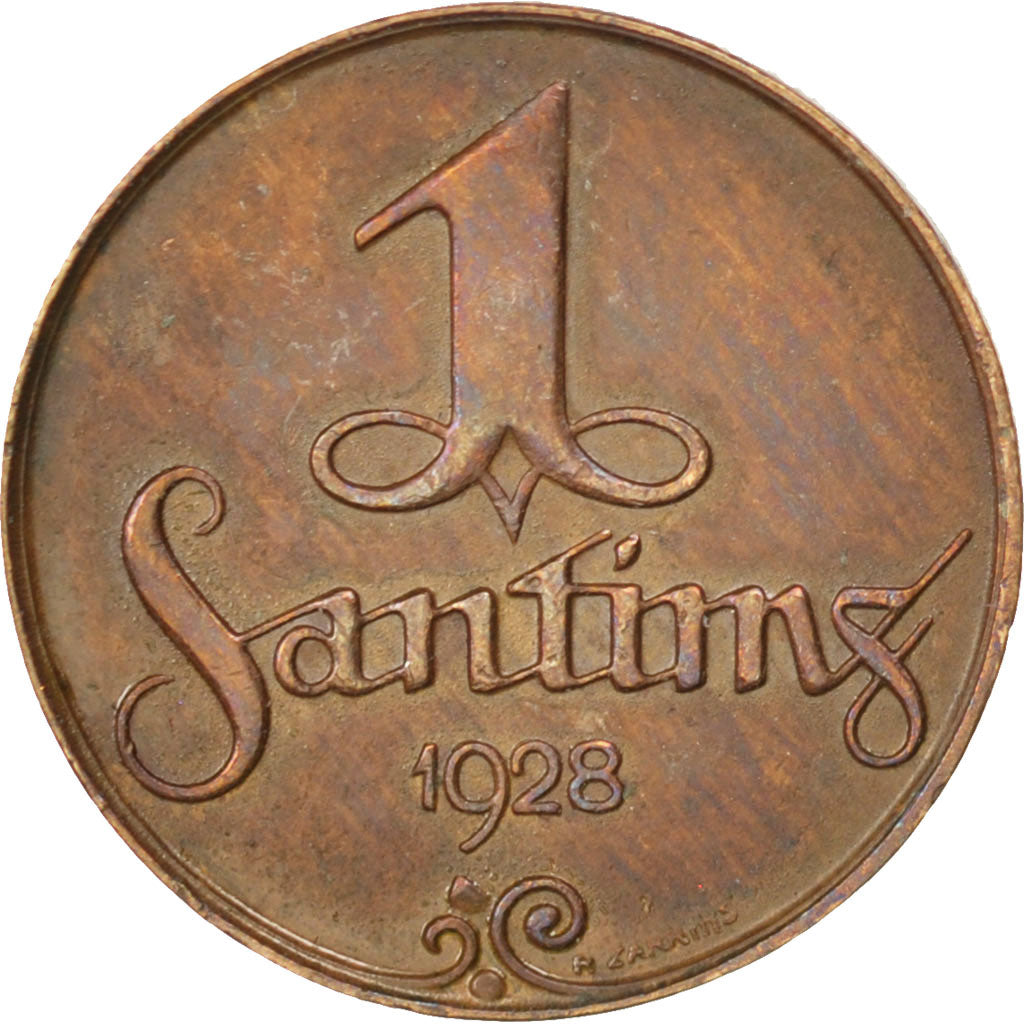 LATVIA, Santims, 1928, KM #1, AU(50-53), Bronze, 17, 1.78