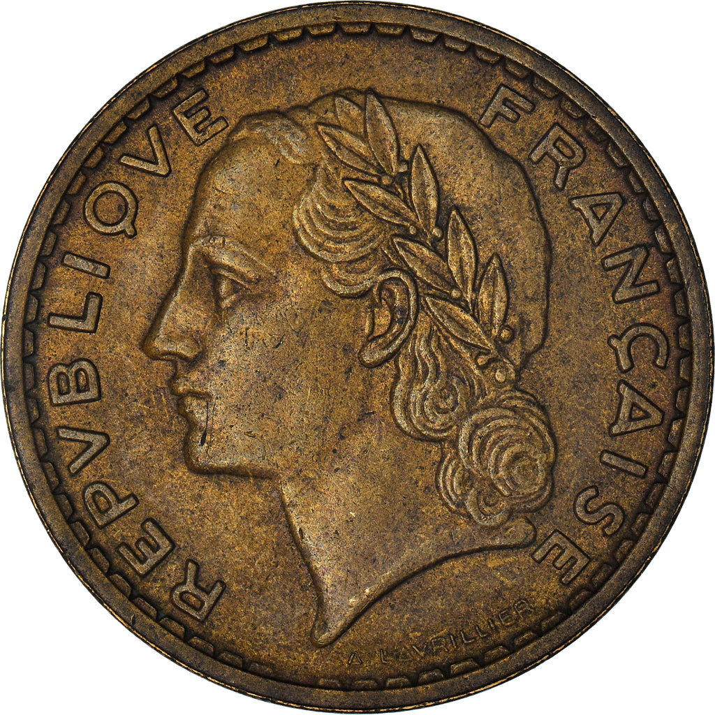 Moeda, França, Lavrillier, 5 Francs, 1938, Paris, AU(50-53), Alumínio-Bronze