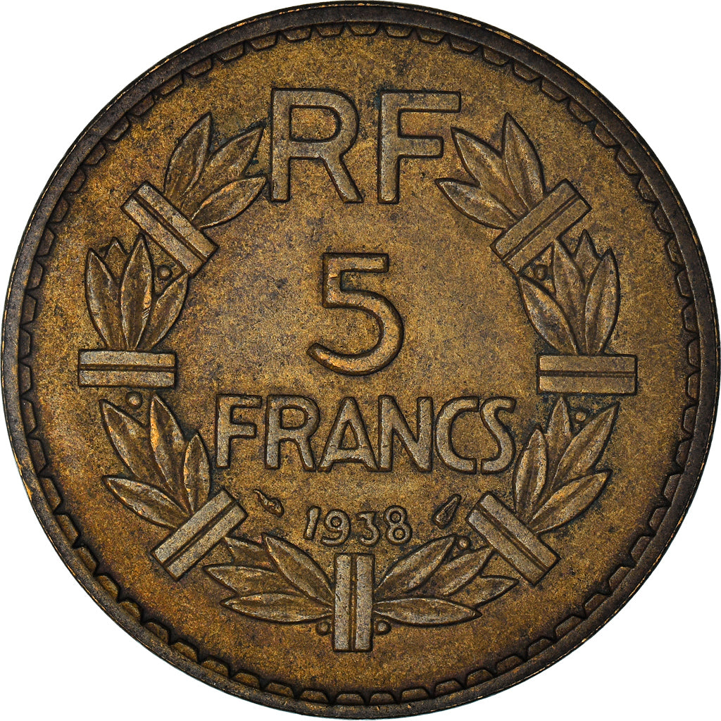 Moeda, França, Lavrillier, 5 Francs, 1938, Paris, AU(50-53), Alumínio-Bronze