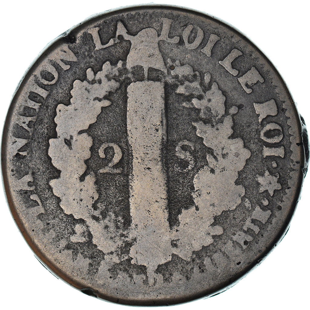 Monnaie, France, 2 sols français, 2 Sols, 1793, Strasbourg, B+, Bronze