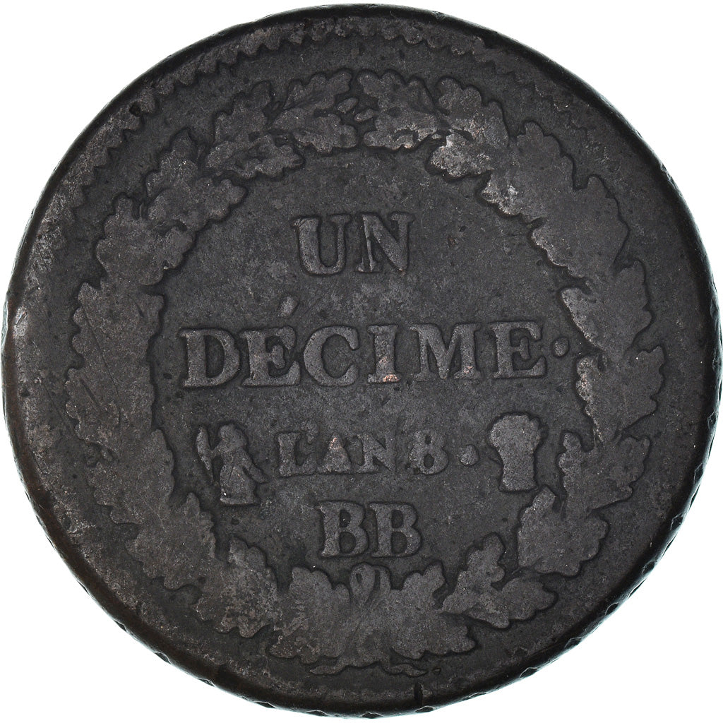 Munten, Frankrijk, Dupré, Decime, AN 8, Strasbourg, FR, Bronze, KM:644.4