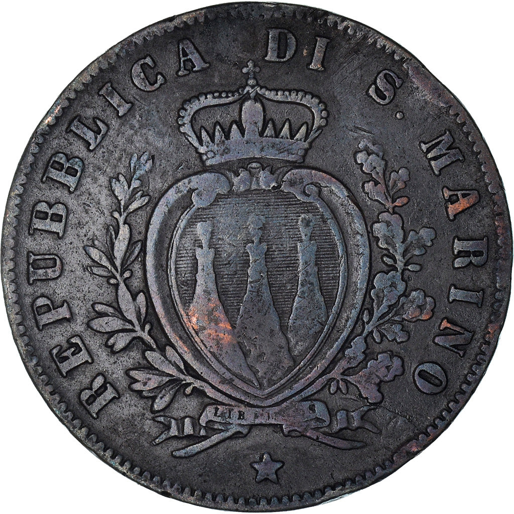 Coin, San Marino, 5 Centesimi, 1869, Rome, VF(30-35), Copper, KM:1