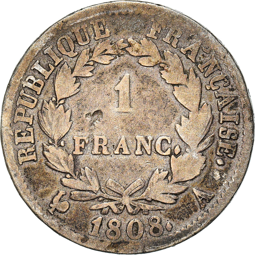 Moneta, Francja, Napoléon I, Franc, 1808, Paris, VF(20-25), Srebro, KM:682.1