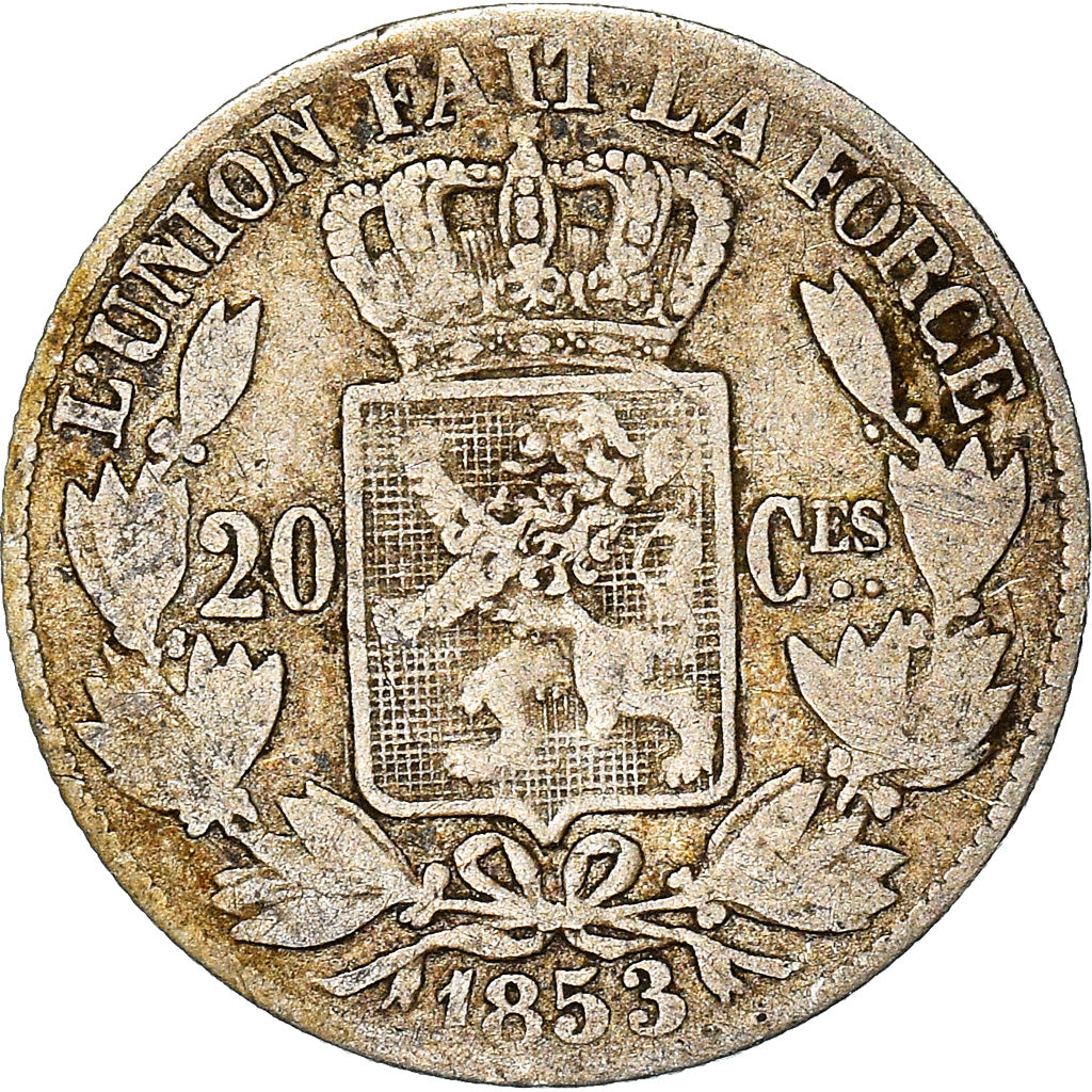 Moneta, Belgia, Leopold I, 20 Centimes, 1853, VF(30-35), Srebro, KM:19