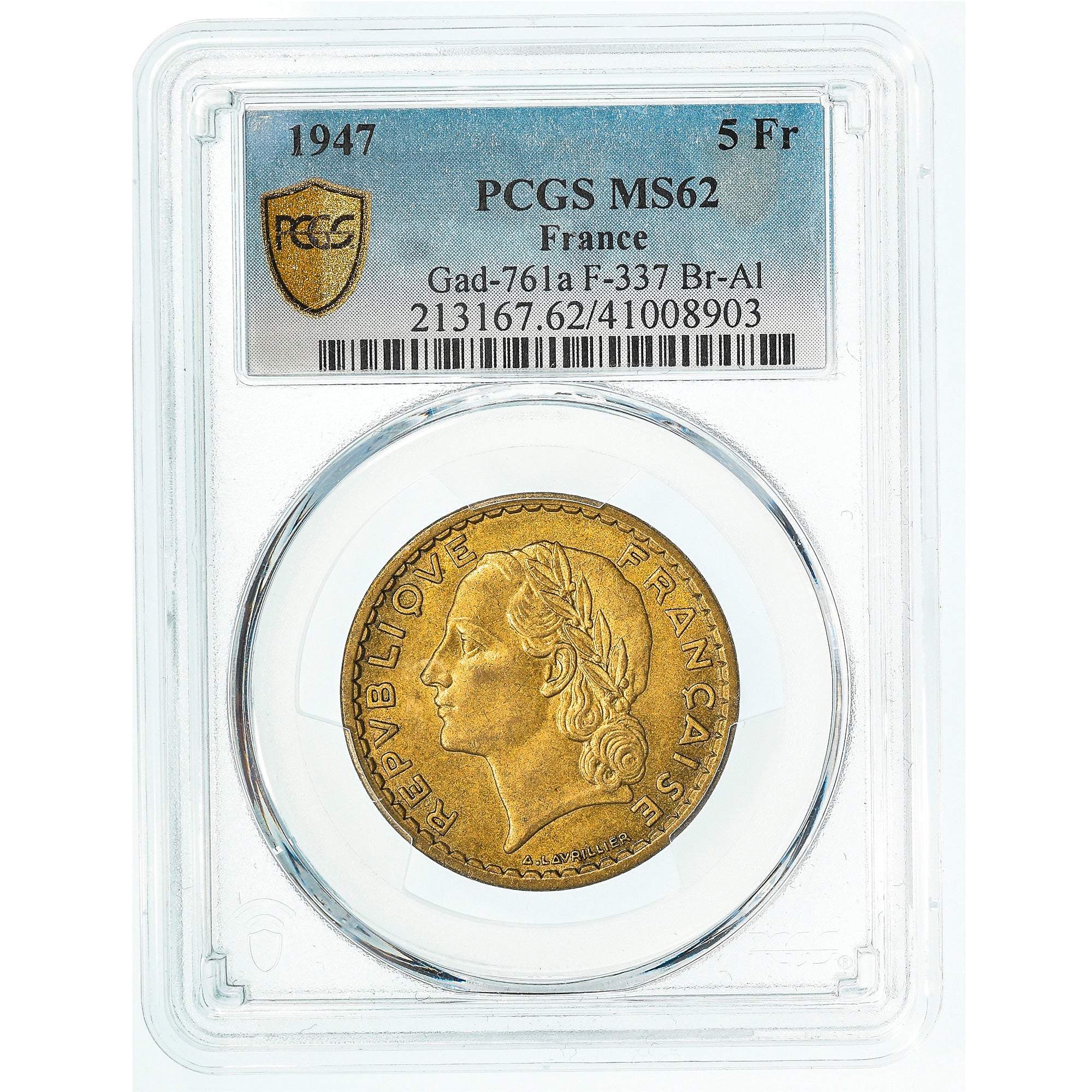 Coin, France, Lavrillier, 5 Francs, 1947, PCGS, MS62, MS(60-62)