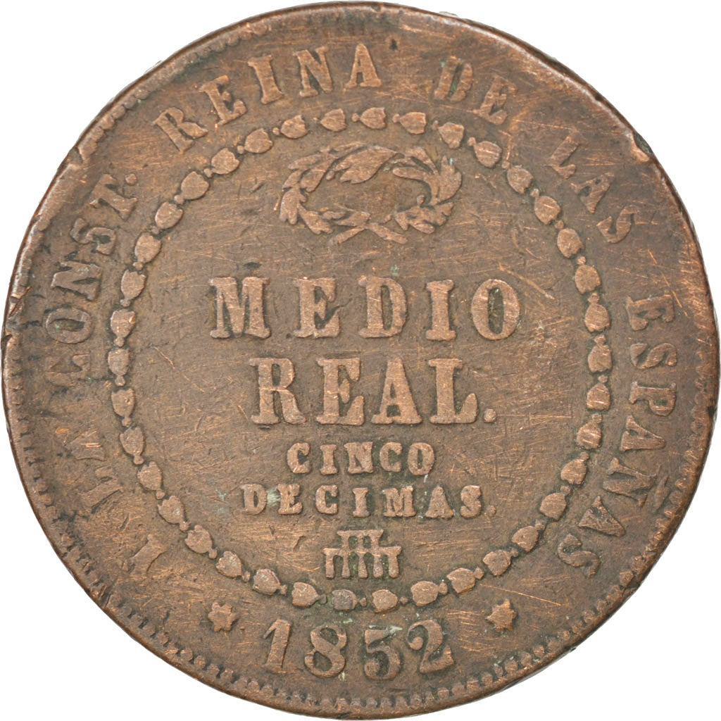 Spain, 1/2 Réal, 1852, KM #591.3, VF(20-25), Copper, 19.39