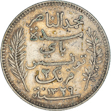Coin, Tunisia, Muhammad al-Nasir Bey, 2 Francs, 1911, Paris, AU(50-53), Silver
