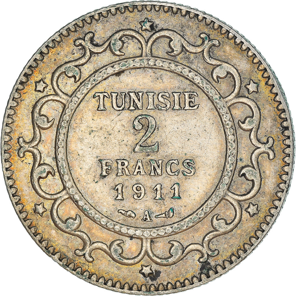 Coin, Tunisia, Muhammad al-Nasir Bey, 2 Francs, 1911, Paris, AU(50-53), Silver