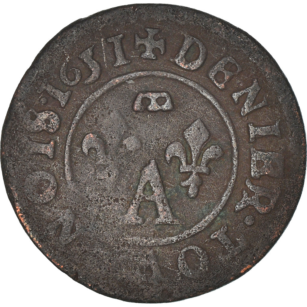 Monnaie, France, Denier Tournois, 1631, Trévoux, TTB+, Cuivre, Boudeau:1090