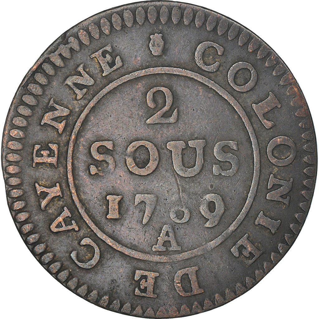 Monnaie, FRENCH GUIANA, 2 Sous, 1789, Paris, TB+, Billon, KM:1, Lecompte:20