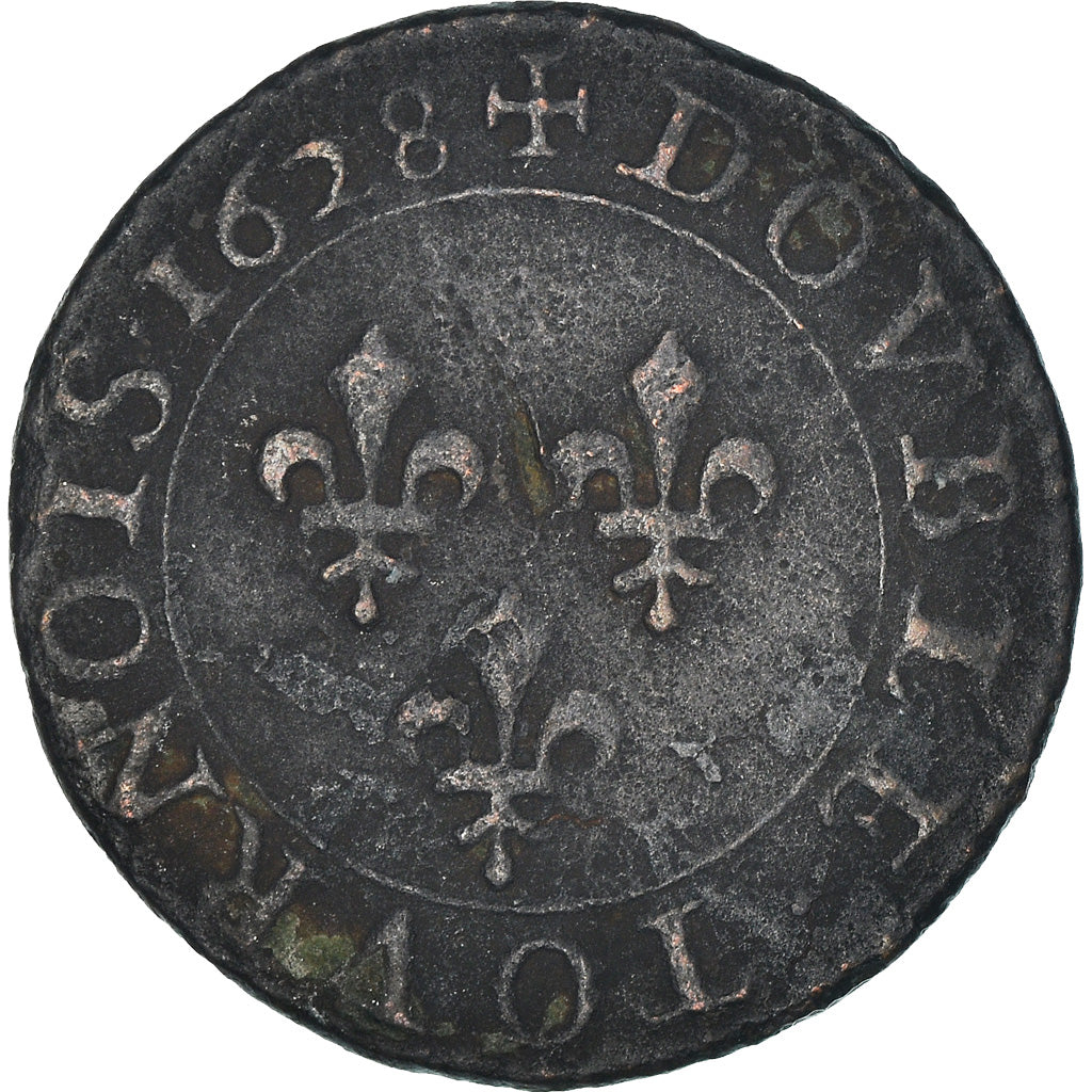 Moneta, Francia, Louis XIII, Double Tournois, 1628, Paris, SPL, Rame, CGKL:390