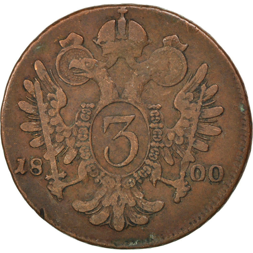 AUSTRIA, 3 Kreuzer, 1800, KM #2115.3, VF(20-25), Copper, 7.32