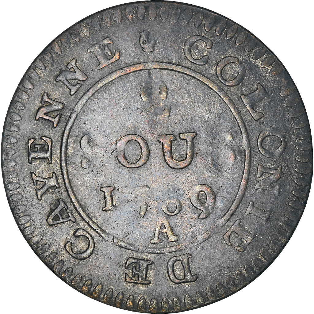 Moneda, GUAYANA FRANCESA, 2 Sous, 1789, Paris, BC+, Vellón, KM:1, Lecompte:20