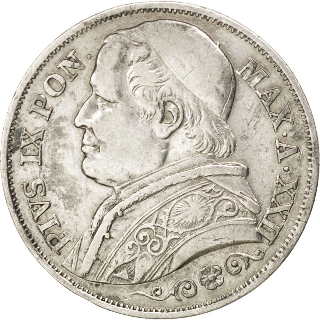 ITALIAN STATES, 2 Lire, 1867, Roma, KM #1379.2, EF(40-45), Silver, 9.92