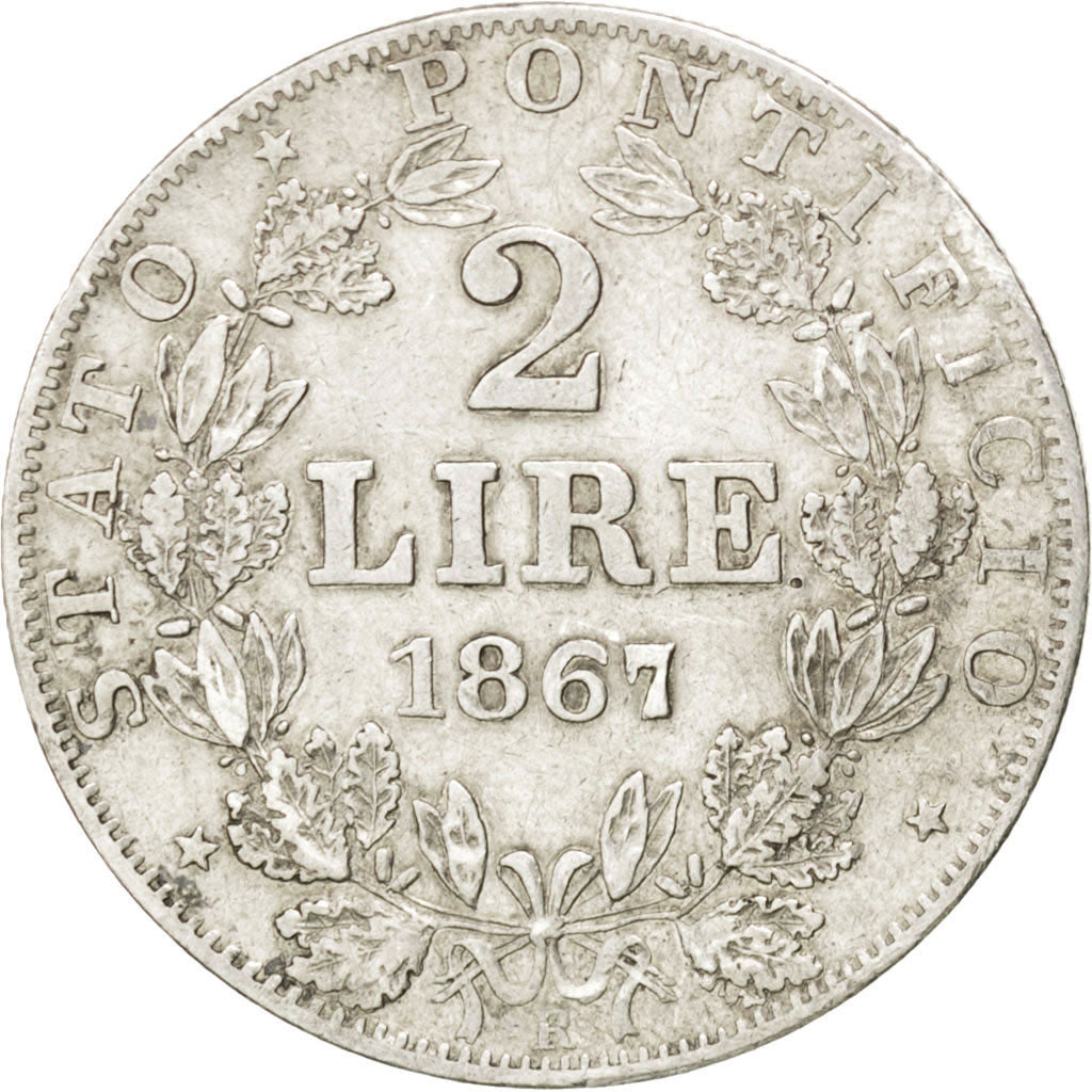 ITALIAN STATES, 2 Lire, 1867, Roma, KM #1379.2, EF(40-45), Silver, 9.92