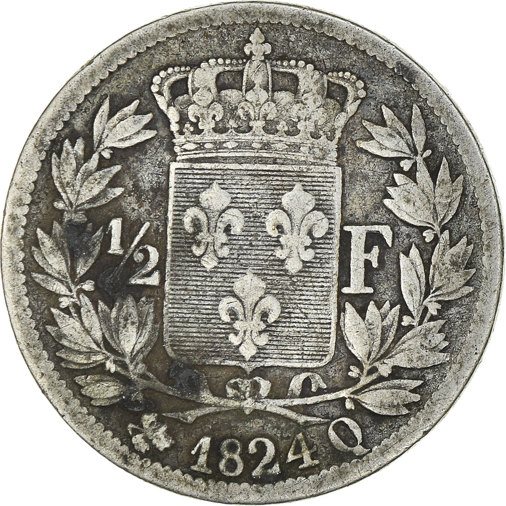 Münze, Frankreich, Louis XVIII, 1/2 Franc, 1824, Perpignan, S, Silber, KM:708.9