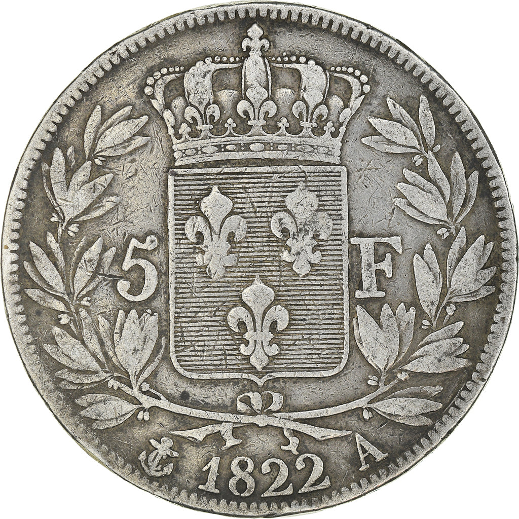 Moneta, Francia, Louis XVIII, Louis XVIII, 5 Francs, 1822, Paris, BB, Argento