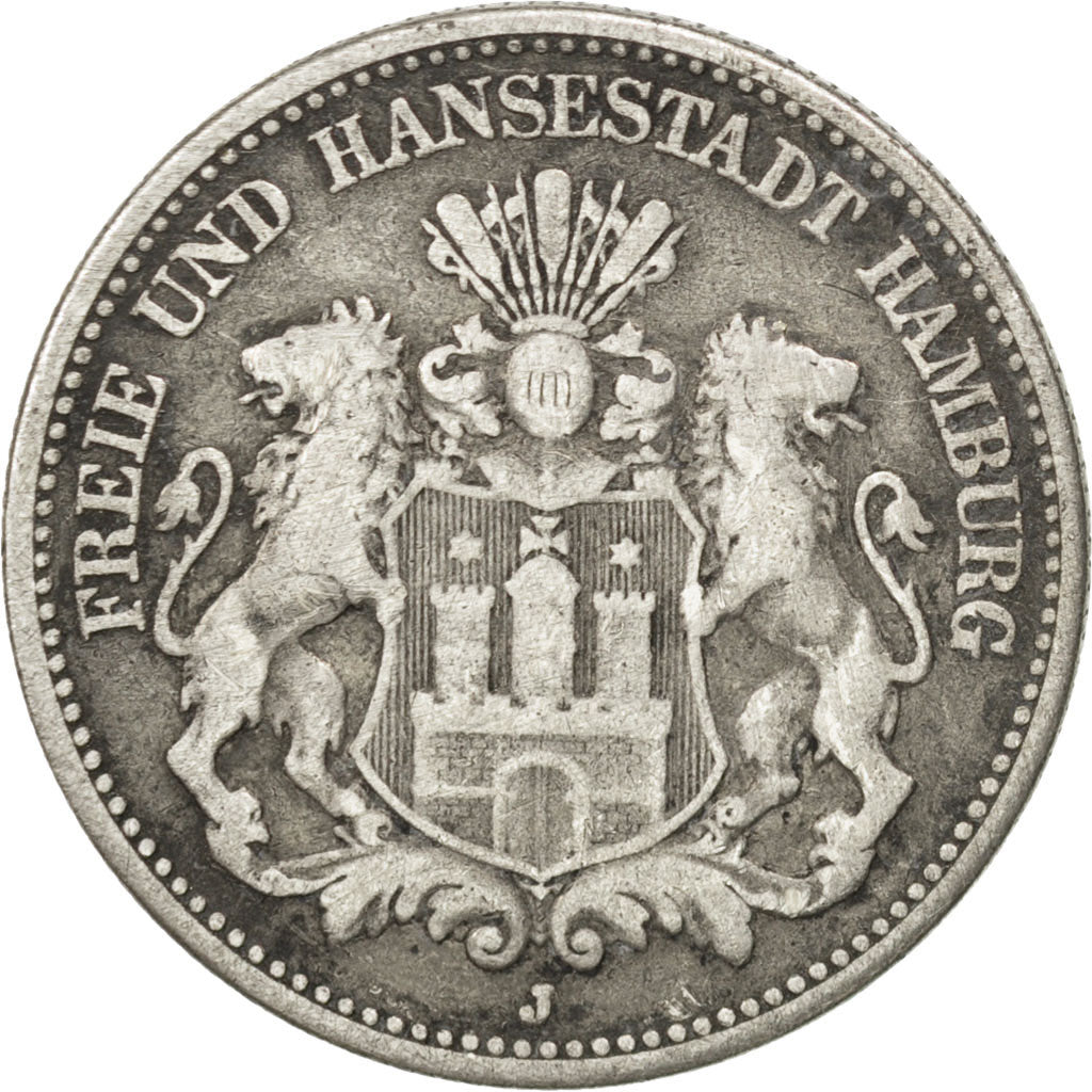 German States, 2 Mark, 1907, Hambourg, KM #612, VF(30-35), Silver, 28, 10.80