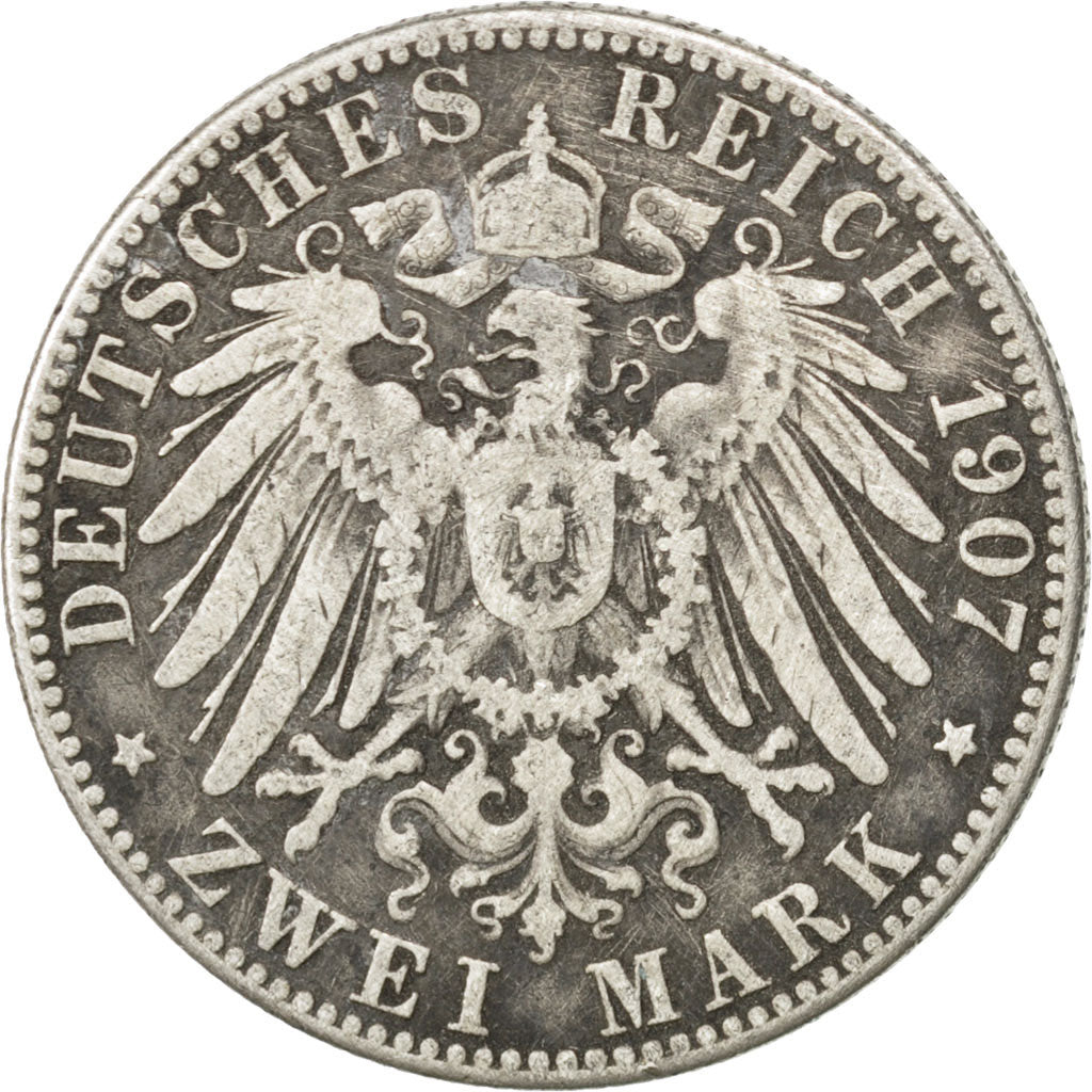 German States, 2 Mark, 1907, Hambourg, KM #612, VF(30-35), Silver, 28, 10.80