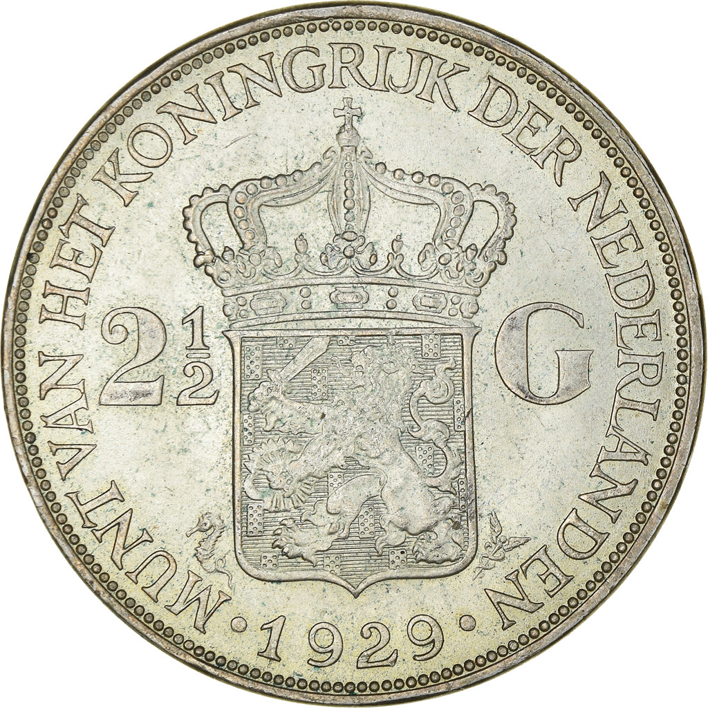Coin, Netherlands, Wilhelmina I, 2-1/2 Gulden, 1929, MS(63), Silver, KM:165