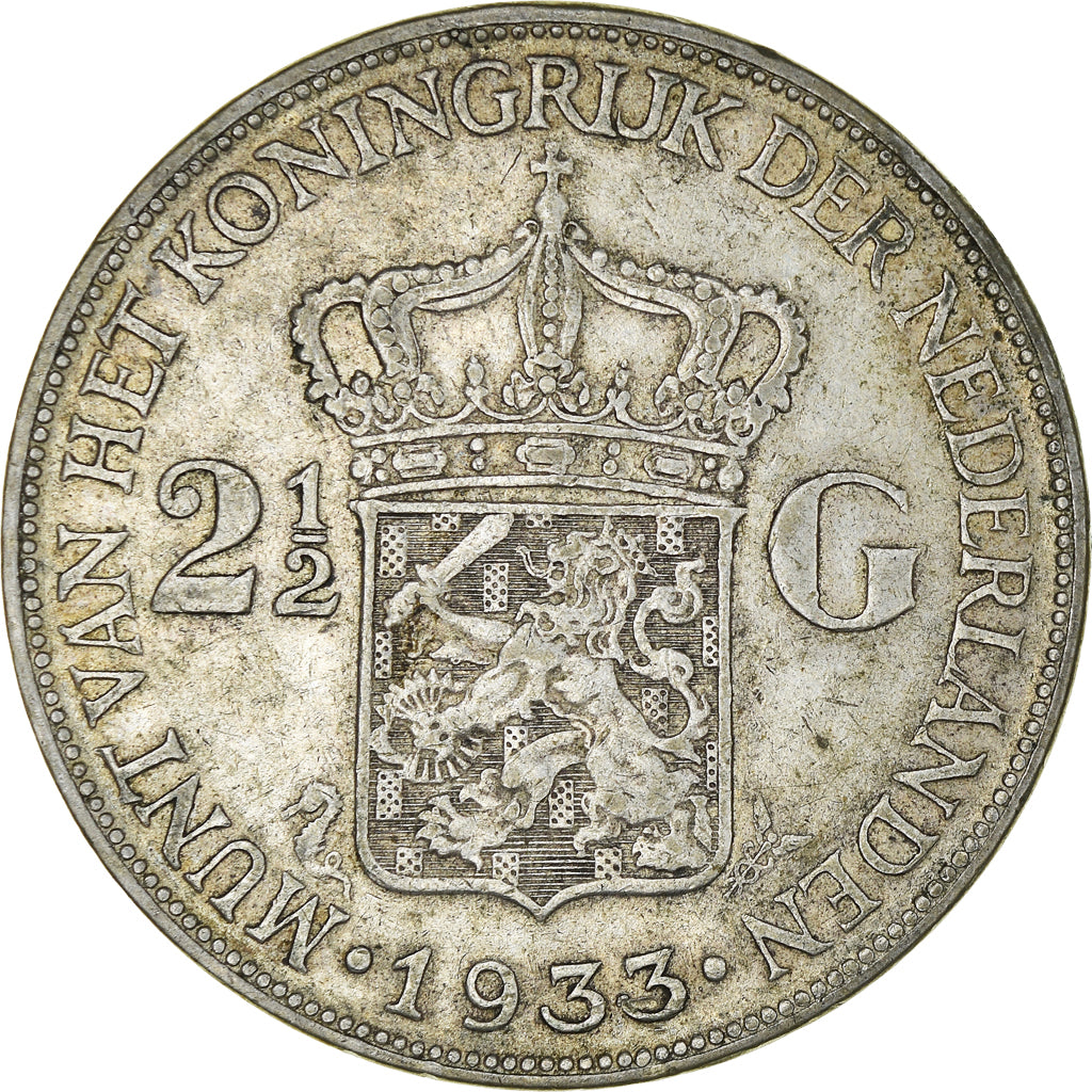 Coin, Netherlands, Wilhelmina I, 2-1/2 Gulden, 1933, AU(50-53), Silver, KM:165