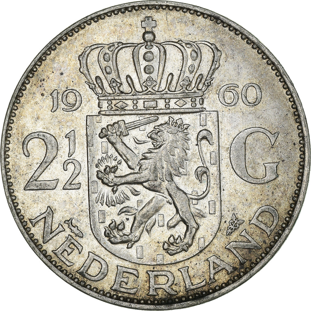 Coin, Netherlands, Juliana, 2-1/2 Gulden, 1960, AU(55-58), Silver, KM:185