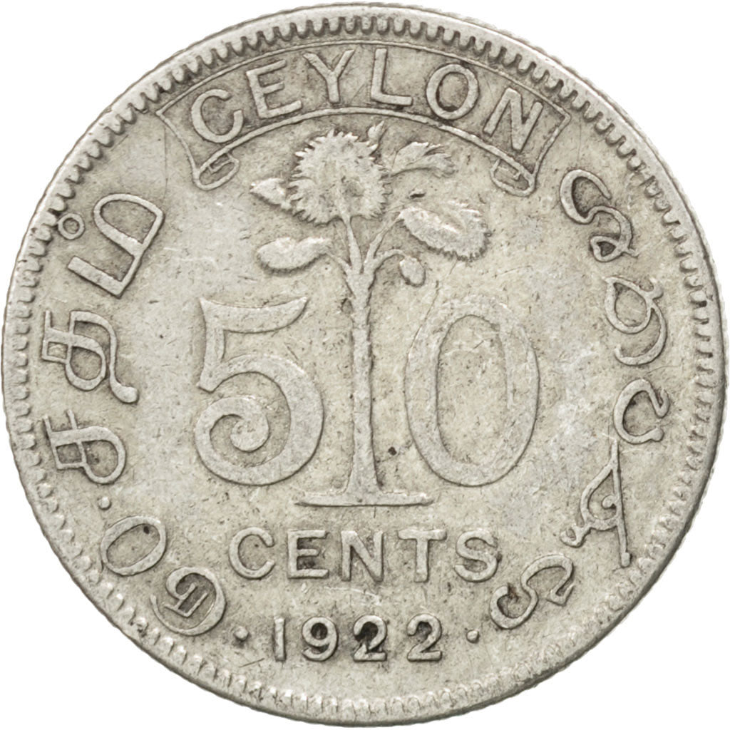 CEYLON, 50 Cents, 1922, KM #109a, VF(20-25), Silver, 23.8, 5.70