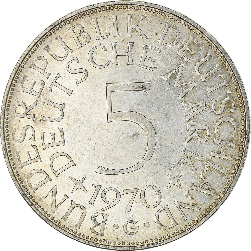 Coin, GERMANY - FEDERAL REPUBLIC, 5 Mark, 1970, Karlsruhe, AU(55-58), Silver