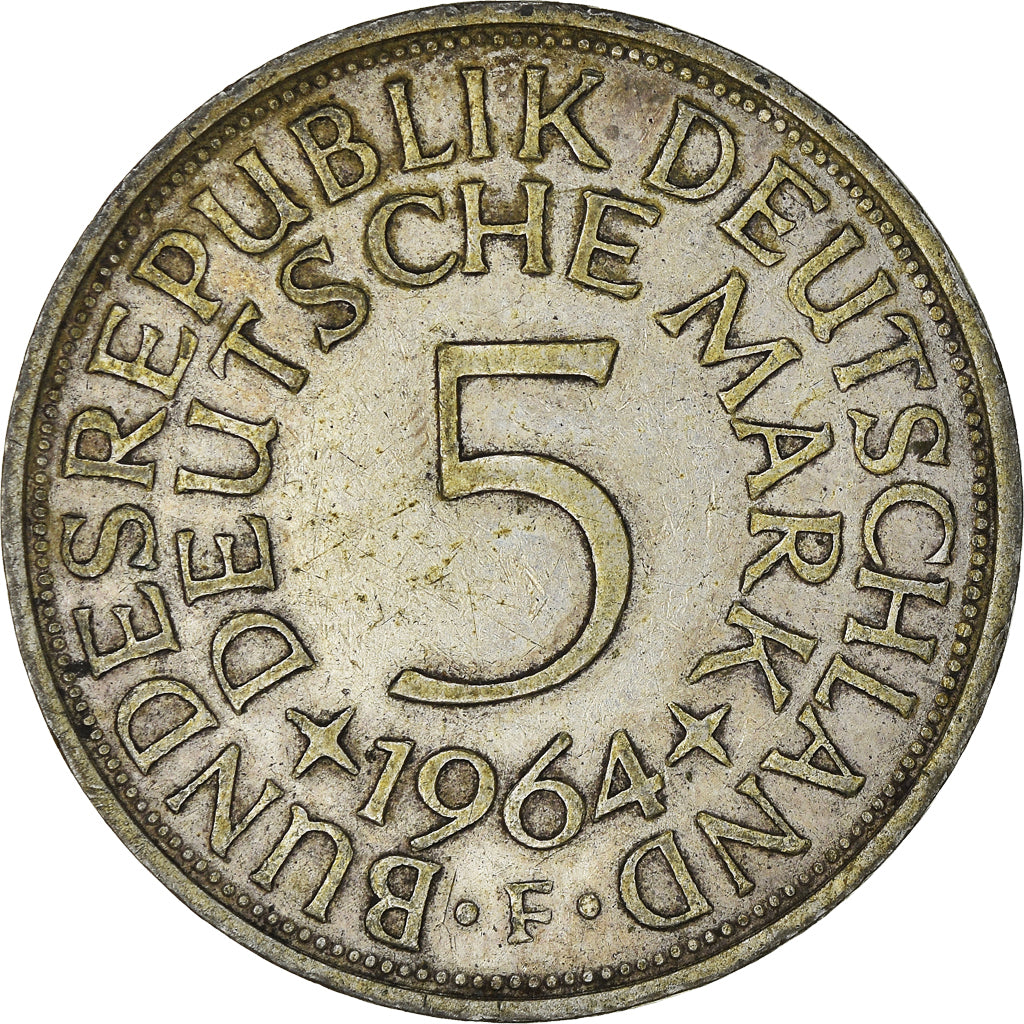 Coin, GERMANY - FEDERAL REPUBLIC, 5 Mark, 1964, Stuttgart, EF(40-45), Silver