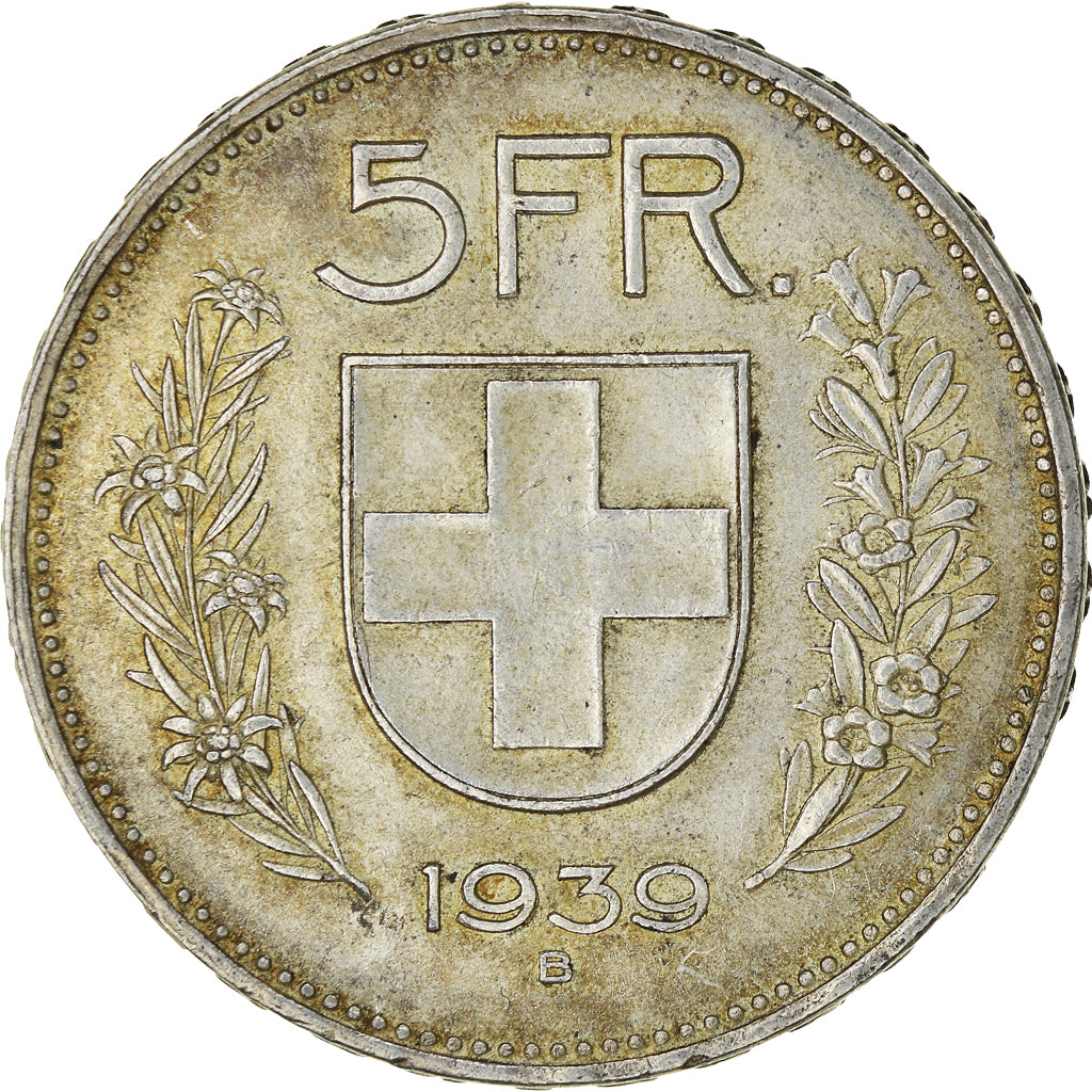 Coin, Switzerland, 5 Francs, 1939, Bern, AU(50-53), Silver, KM:40