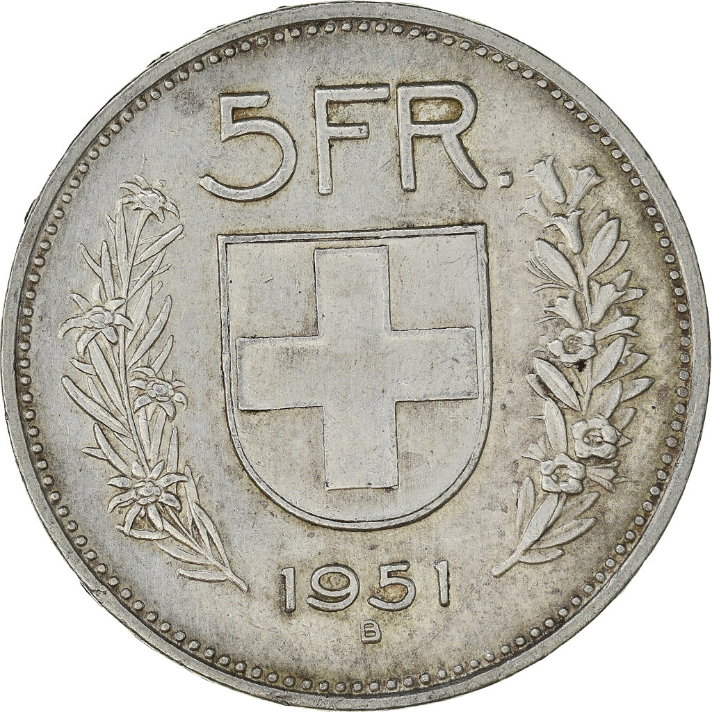 Coin, Switzerland, 5 Francs, 1951, Bern, EF(40-45), Silver, KM:40