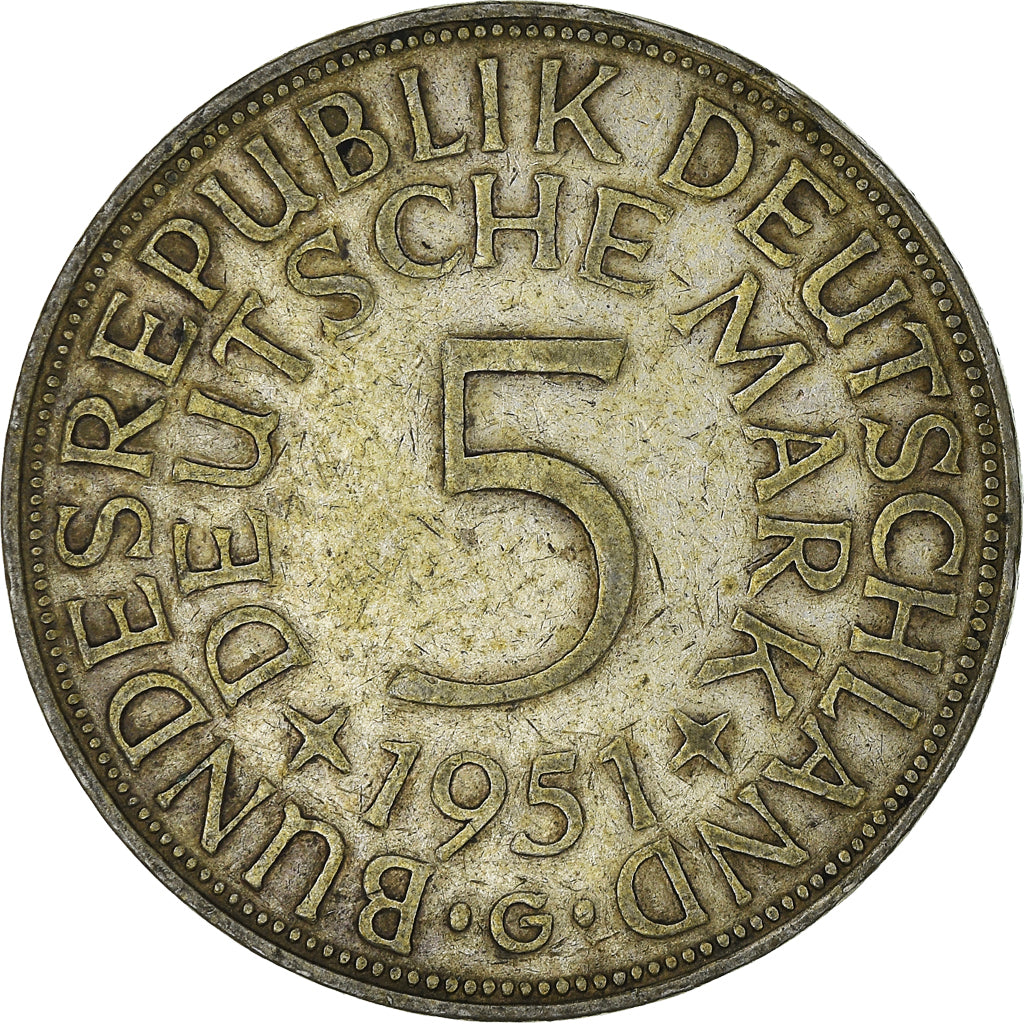 Coin, GERMANY - FEDERAL REPUBLIC, 5 Mark, 1951, Karlsruhe, EF(40-45), Silver