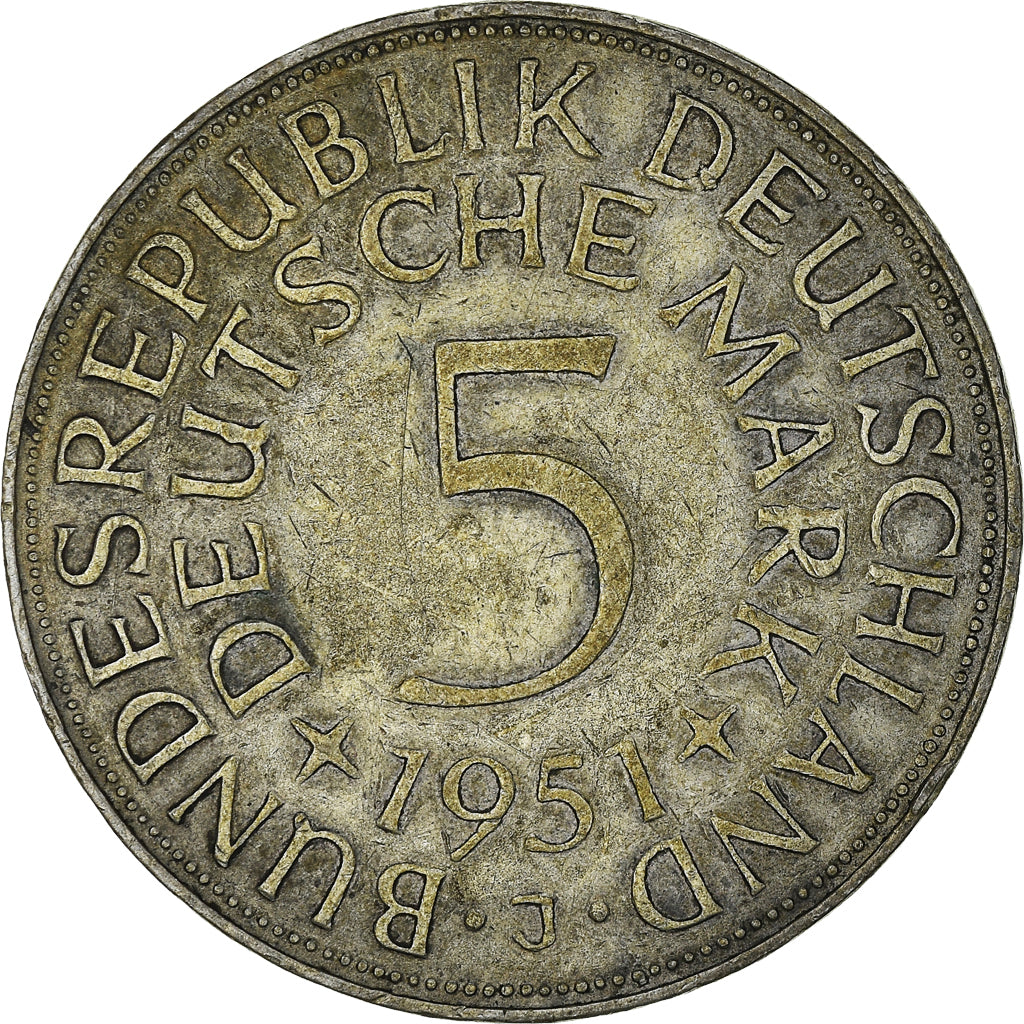 Coin, GERMANY - FEDERAL REPUBLIC, 5 Mark, 1951, Hamburg, EF(40-45), Silver
